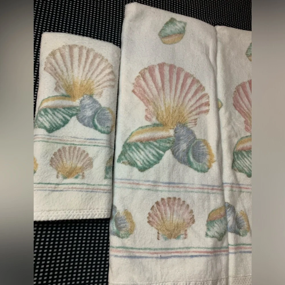 Vintage 1980s Sea Shells Art Deco Pastel Towel Set of 6 RARE HTF USA Cotton